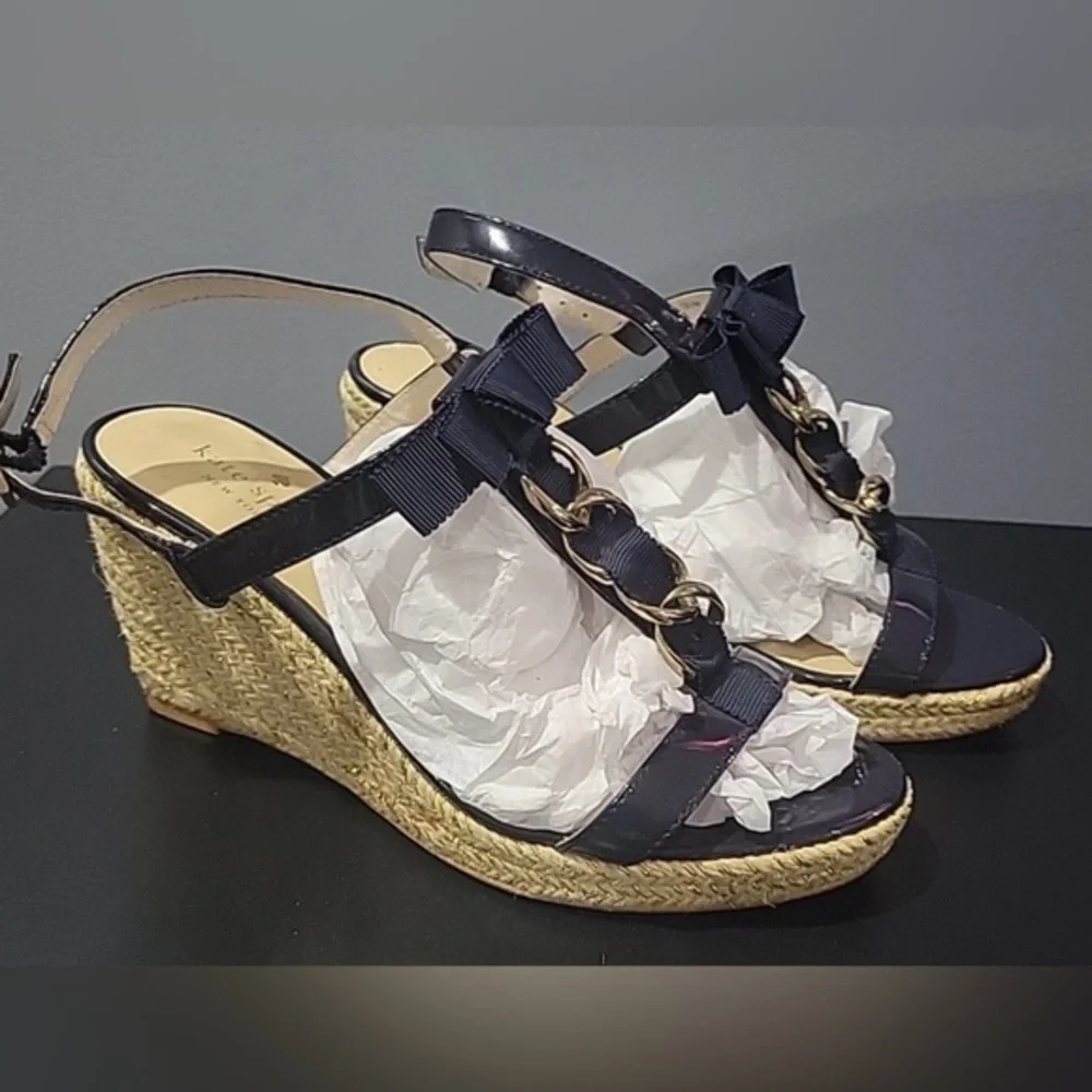 UEC KATE SPADE PATENT NAVY BLUE 3.5” WEDGE ESPADRILLE GOLD HARDWARE SZ 9 PERFECT